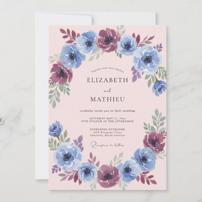 Convites Casamento com Florescimento Pintado de Ameixa Azul (Frente)