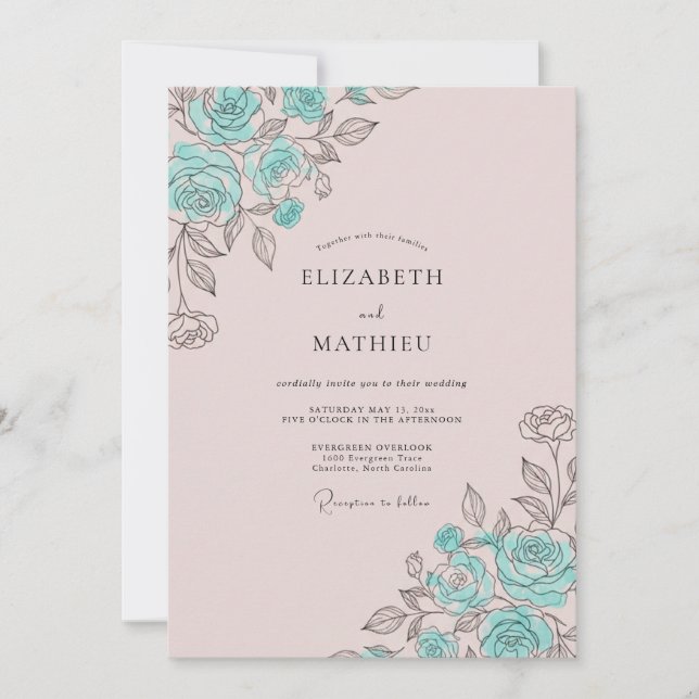 Convites Casamento com Florescimento Pintado de Rosa Azul (Frente)