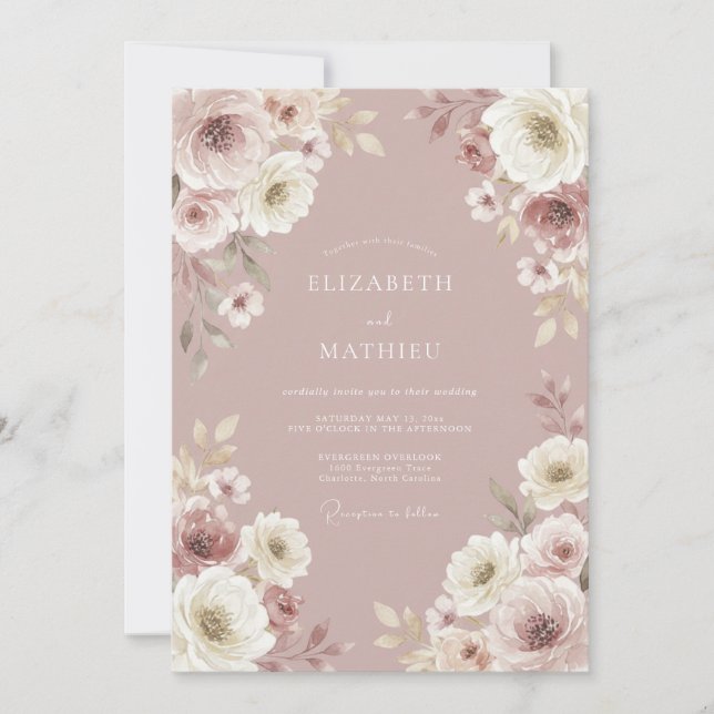 Convites Casamento com Florescimento Pintado Rosa Desbotado (Frente)