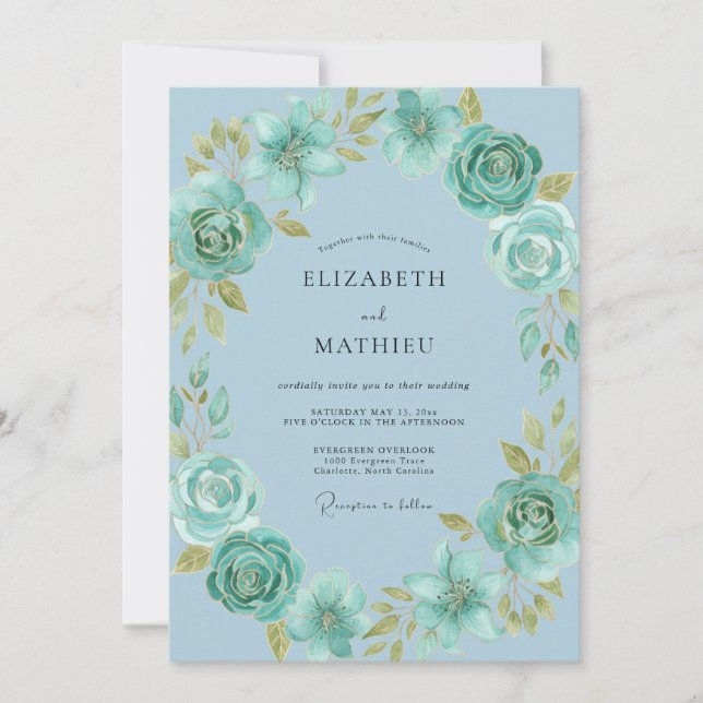 Convites Casamento com Florescimento Sussurrante em Azul Po (Frente)