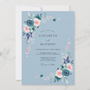Convites Casamento com Florescimento Verde Azul Empoeirado