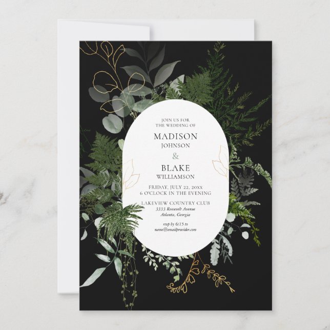 Convites Casamento com Floresta Chic Black Greenery (Frente)