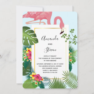 Convites Casamento com Folamingo e Folhas Tropicais, cor-de