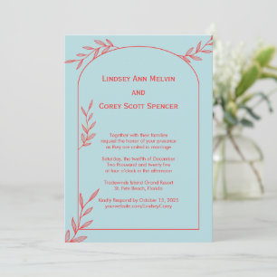 Convites Casamento com Folha Azul e Coral Moderno