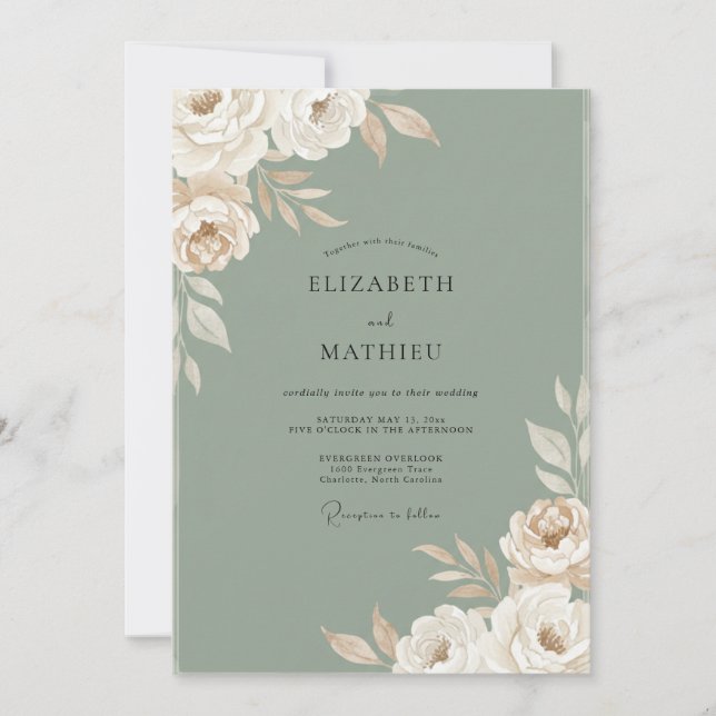 Convites Casamento com Folha Cinza Oliva (Frente)