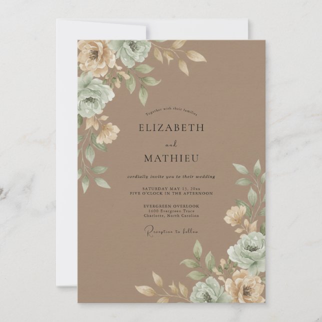 Convites Casamento com Folha de Aquarela Bege (Frente)