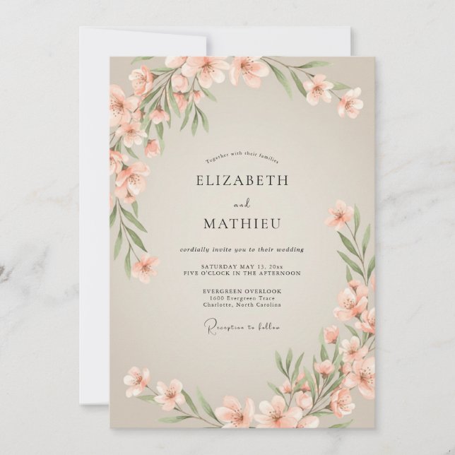 Convites Casamento com Folha de Aquarela em Pêssego (Frente)