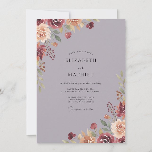Convites Casamento com Folha de Borgonha Malva (Frente)