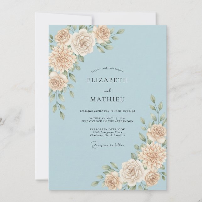 Convites Casamento com Folha de Champanhe Azul (Frente)