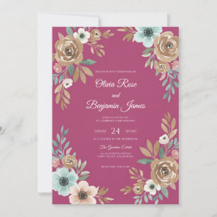 Convites Casamento com Folha de Champanhe Magenta