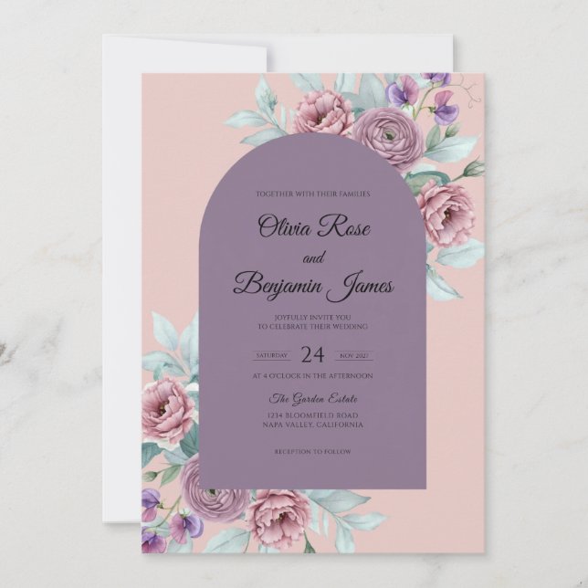 Convites Casamento com Folha de Damasco Malva (Frente)