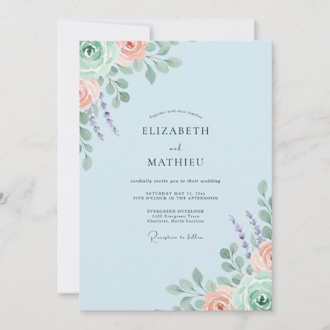 Convites Casamento com Folha de Lavanda e Pêssego (Frente)
