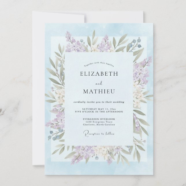 Convites Casamento com Folha de Lilás Azul Pó (Frente)