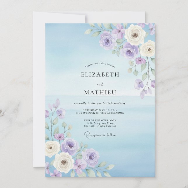 Convites Casamento com Folha de Lilás Azure (Frente)