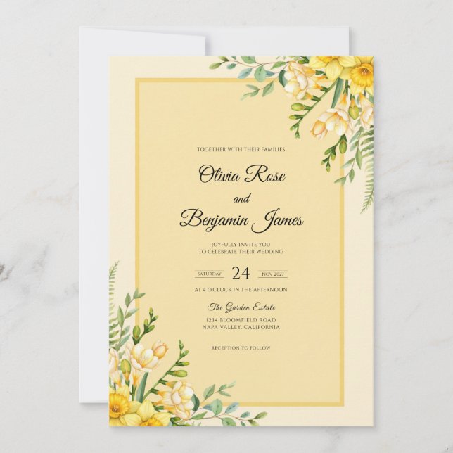 Convites Casamento com Folha de Marigold Amarela (Frente)