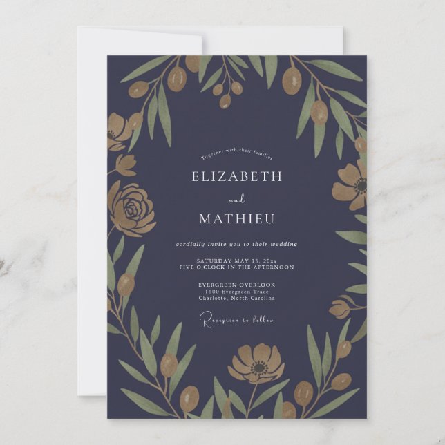 Convites Casamento com Folha de Oliveira Boho Midnight (Frente)