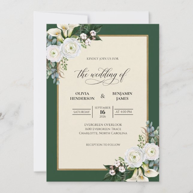 Convites Casamento com Folha de Ouro Esmeralda (Frente)
