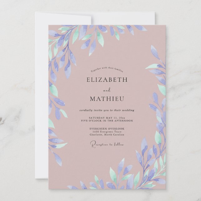 Convites Casamento com Folha de Periwinkle Rosa Empoeirada (Frente)