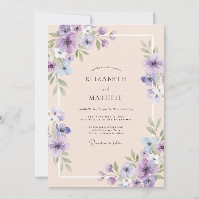 Convites Casamento com Folha de Pêssego Lavanda (Frente)