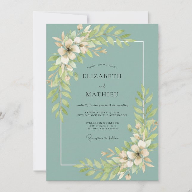 Convites Casamento com Folha de Teal Empoeirada (Frente)