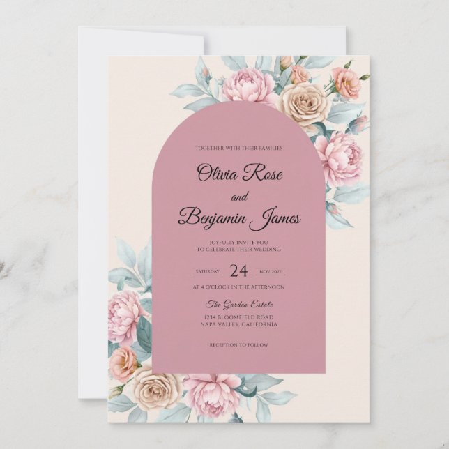 Convites Casamento com Folha de Teal Malva (Frente)