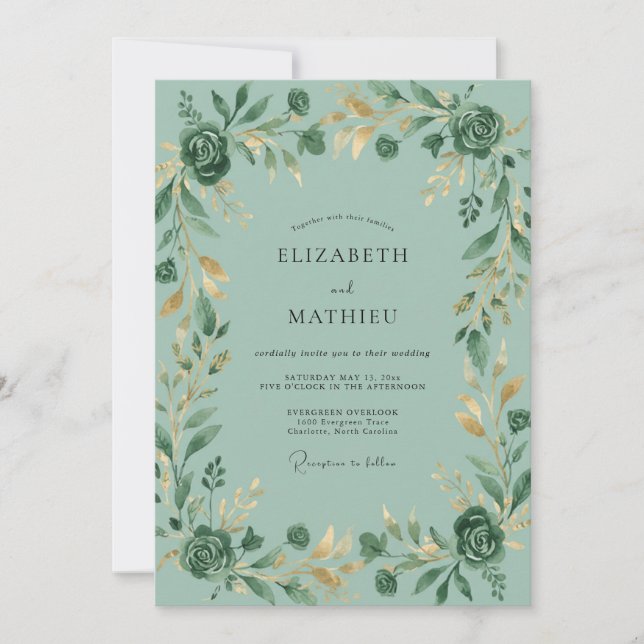Convites Casamento com Folha Dourada em Seafoam (Frente)