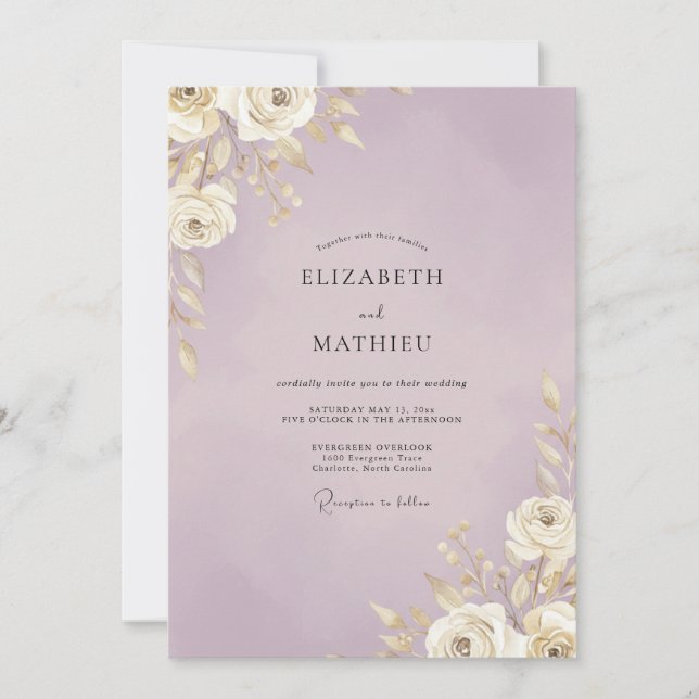 Convites Casamento com Folha Dourada Lilás (Frente)