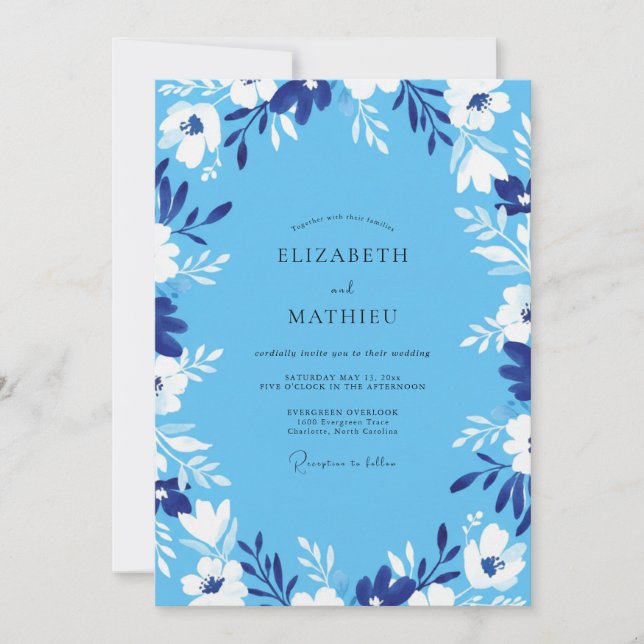 Convites Casamento com Folha Pintada Azul (Frente)