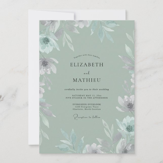 Convites Casamento com Folha Pintada de Celadon (Frente)