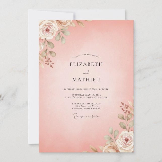 Convites Casamento com Folha Pintada de Coral Rosado (Frente)