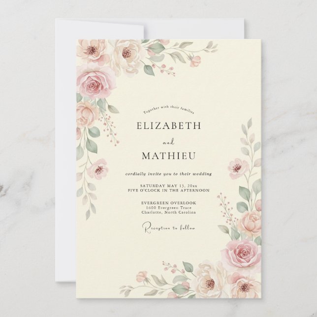 Convites Casamento com Folha Pintada de Creme Mauve (Frente)