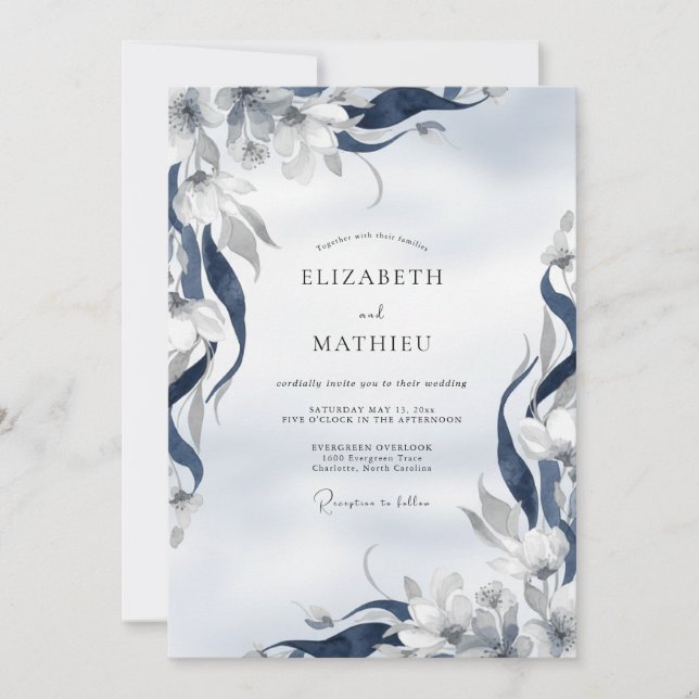 Convites Casamento com Folha Pintada de Índigo (Frente)