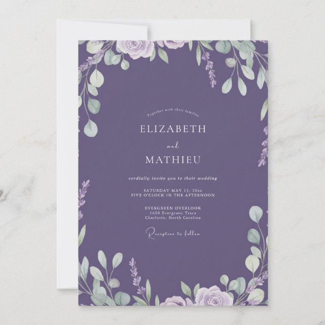 Convites Casamento com Folha Pintada de Lavanda (Frente)