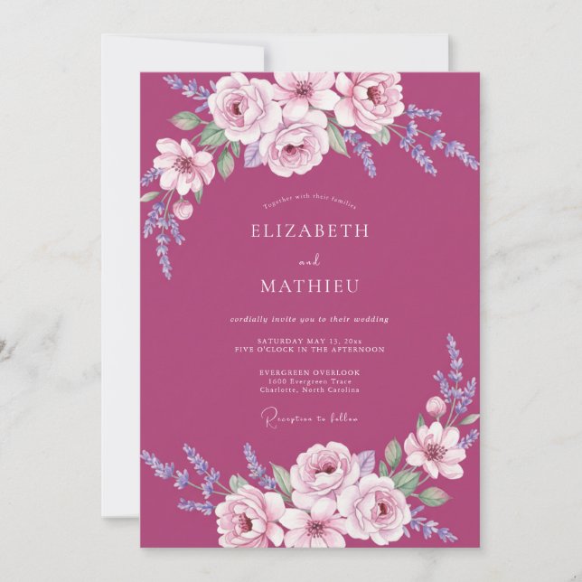 Convites Casamento com Folha Pintada de Magenta (Frente)