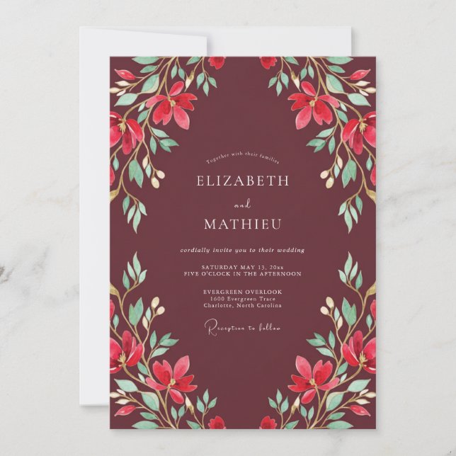 Convites Casamento com Folha Pintada de Marrom-Vermelhado (Frente)