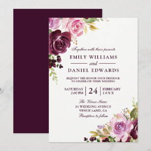 Convites Casamento com Folha Verde Roxo de Aquarela