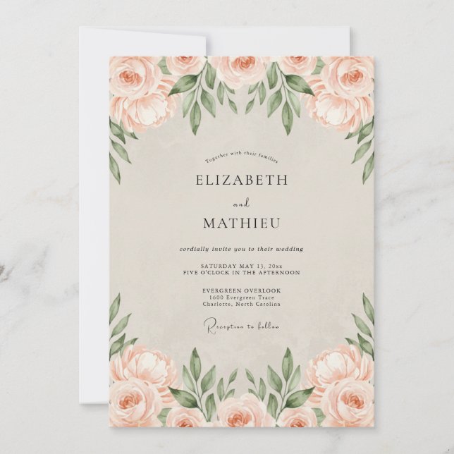 Convites Casamento com Folhagem Aquarela Damasco (Frente)