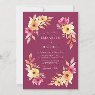 Convites Casamento com Folhagem Aquarela Framboesa