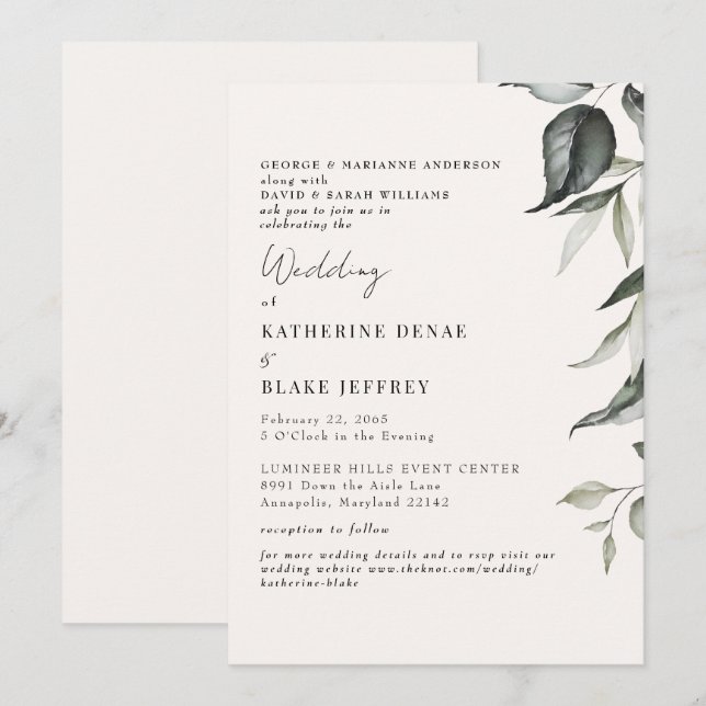 Convites Casamento com Folhagem Botânica de Champanhe Claro (Frente/Verso)