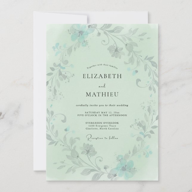 Convites Casamento com Folhagem Cinza Eucalipto Teal Espuma (Frente)