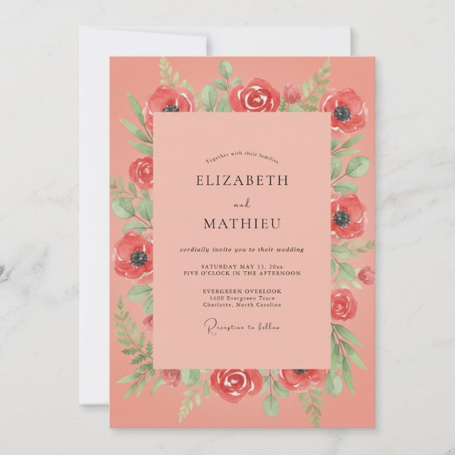 Convites Casamento com Folhagem Coral e Papoula (Frente)