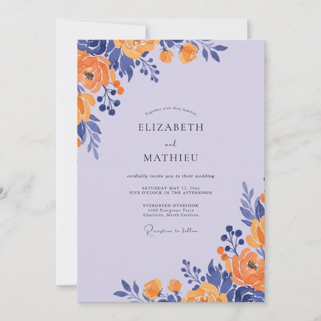 Convites Casamento com Folhagem de Âmbar Lavanda Eucalipto (Frente)