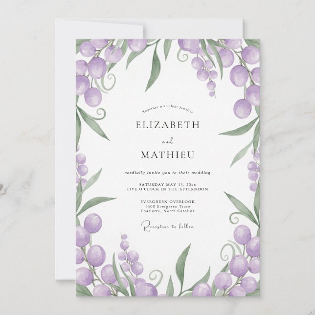 Convites Casamento com Folhagem de Amora Amethista (Frente)