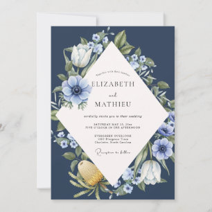 Convites Casamento com Folhagem de Anêmona Azul-Marinho