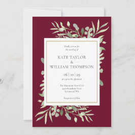 Convites Casamento com Folhagem de Aquarelas da Burgundy