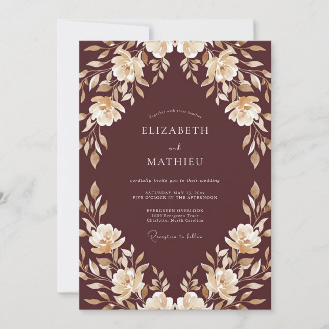 Convites Casamento com Folhagem de Champanhe Marrom Muted E (Frente)