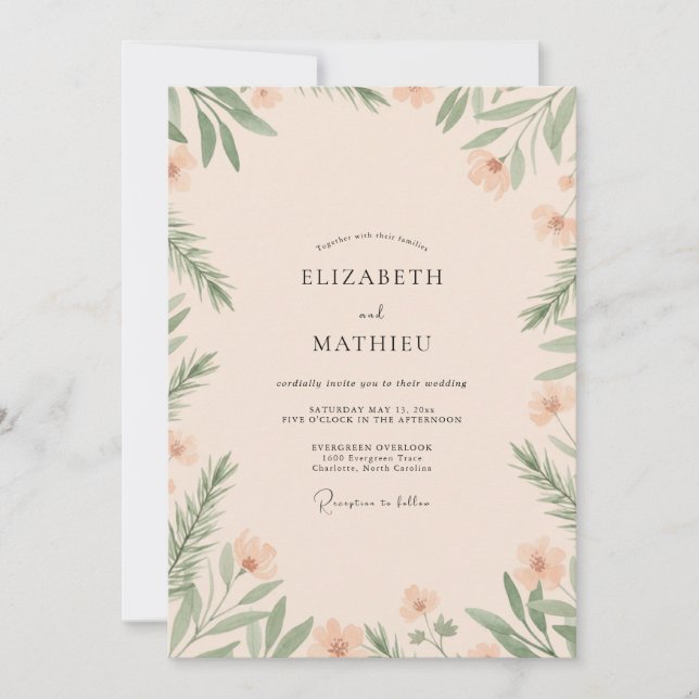 Convites Casamento com Folhagem de Eucalipto Champagne (Frente)