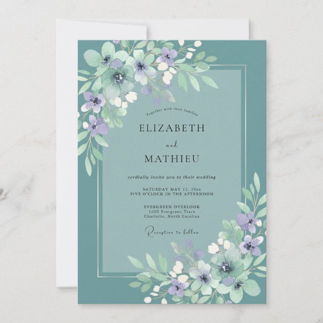 Convites Casamento com Folhagem de Eucalipto em Água-Marinh (Frente)