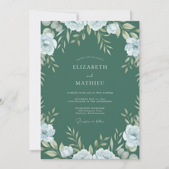 Convites Casamento com Folhagem de Eucalipto em Azul Teal P (Frente)