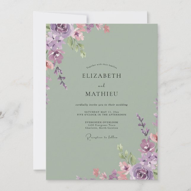 Convites Casamento com Folhagem de Eucalipto em Lavanda Cel (Frente)